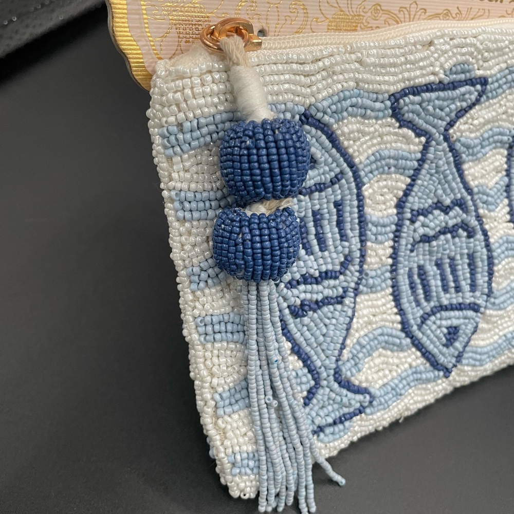 Wandering Moon Beaded Sardine Pouch Coin Purse Blue White Handmade In INDIA - Picture 3 of 5